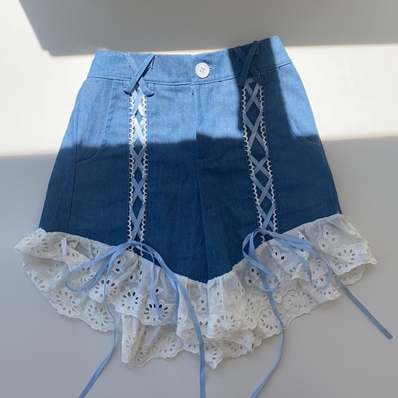 Pants - Blue shorts with lace bottom and adjustable ties
